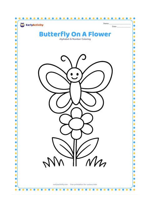 Colouring page: Draw one large butterfly resting on a tall flower, with two simple leaves and a low patch of grass. Make both wings symmetrical but leave their interiors open and unpatterned.