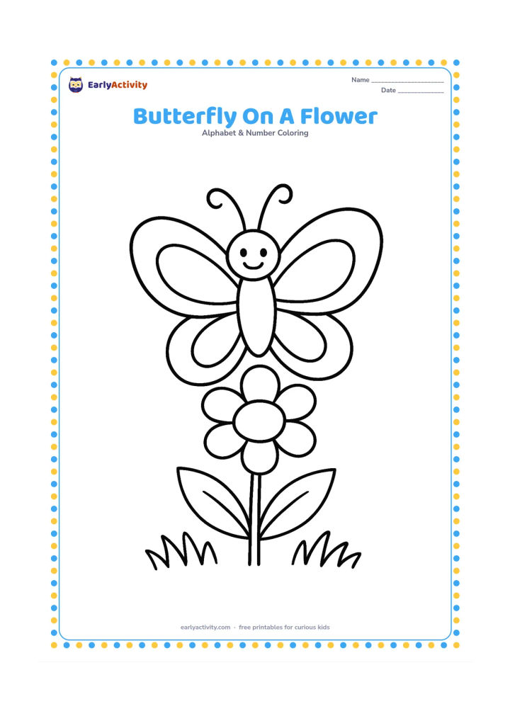 Colouring page: Draw one large butterfly resting on a tall flower, with two simple leaves and a low patch of grass. Make both wings symmetrical but leave their interiors open and unpatterned.