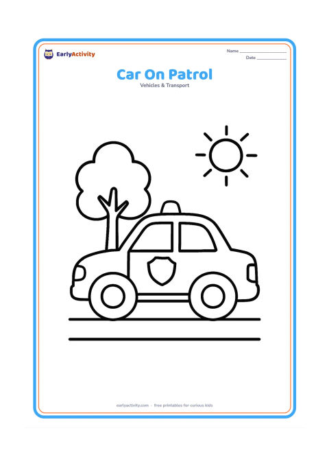 Colouring page: Draw a side-view police car travelling along a simple road, with two large wheels, a roof light and a plain door badge. Add one tree and a sun in the background.