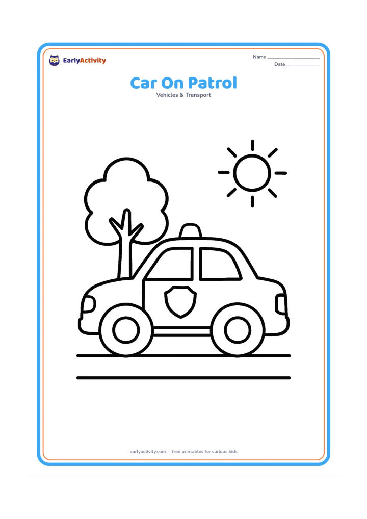 Colouring page: Draw a side-view police car travelling along a simple road, with two large wheels, a roof light and a plain door badge. Add one tree and a sun in the background.