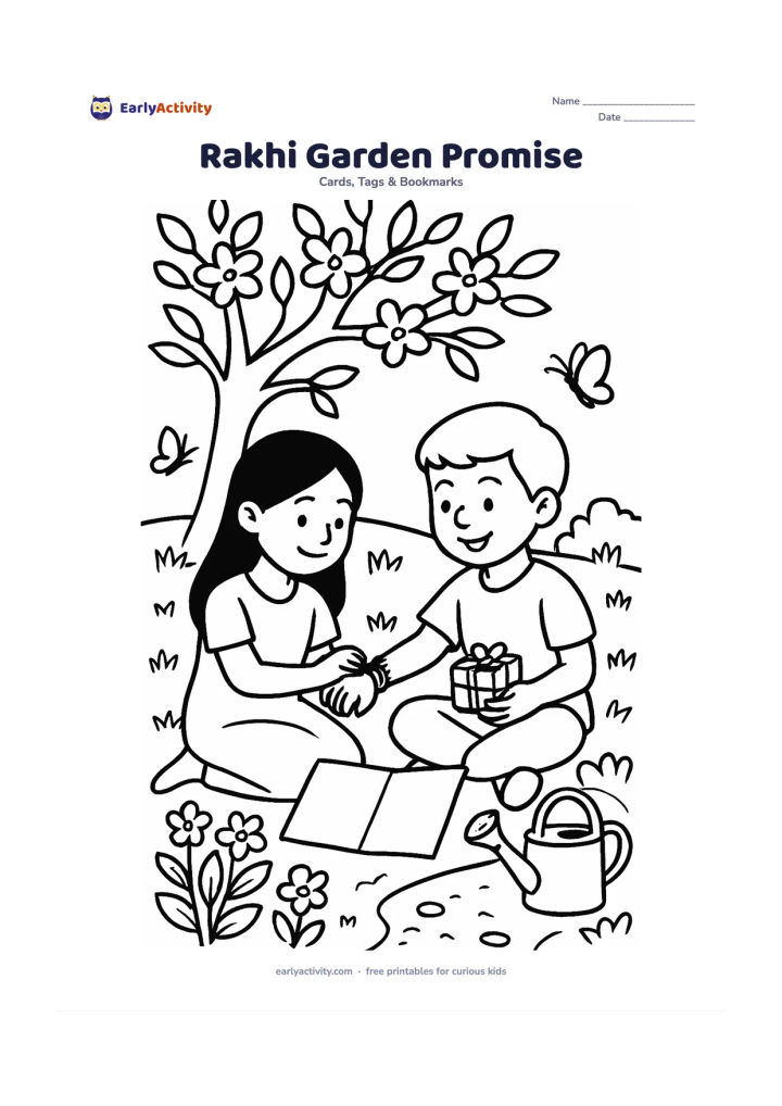 Worksheet: Show two older siblings sitting beneath a flowering tree, exchanging a rakhi and a small handmade gift while a blank open card rests between them; include a garden path, butterflies, a…
