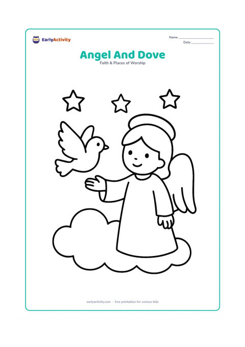 Colouring page: A friendly angel gently holds out one hand toward a small peaceful dove in flight. Add a large cloud beneath them and three simple star shapes above.