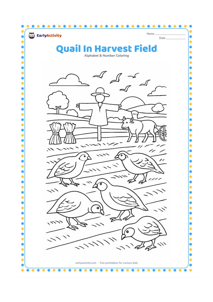 Colouring page: Several quails forage between rows of harvested grain in an Indian farm landscape. Include a scarecrow without markings, bundled sheaves, a bullock cart, distant trees, and a warm…