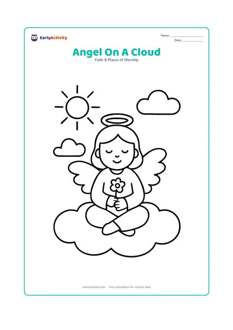 Colouring page: A friendly angel sits cross-legged on a wide cloud, holding a small flower. Add a sun with simple rays on one side and two clouds on the other.
