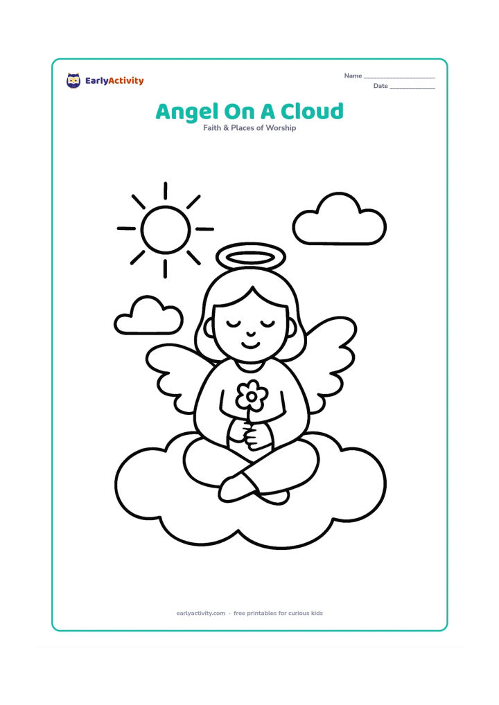 Colouring page: A friendly angel sits cross-legged on a wide cloud, holding a small flower. Add a sun with simple rays on one side and two clouds on the other.