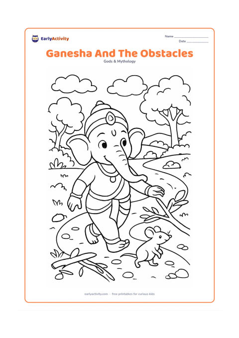 Colouring page: Lord Ganesha walks confidently along a path, gently moving aside fallen branches and stones with his trunk while his mouse follows. Show a bright path ahead, trees, bushes, a small…