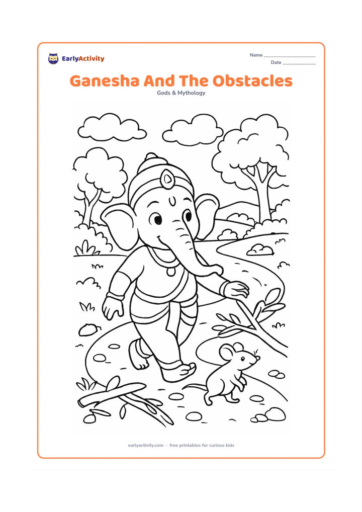 Colouring page: Lord Ganesha walks confidently along a path, gently moving aside fallen branches and stones with his trunk while his mouse follows. Show a bright path ahead, trees, bushes, a small…