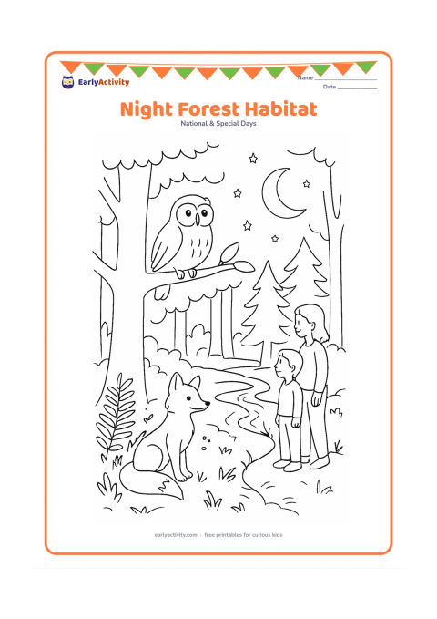 Colouring page: Draw a moonlit forest habitat with an owl on a branch, a fox near ferns, fireflies, tall trees and a small stream reflecting the moon. Include a child and adult quietly observing from a…