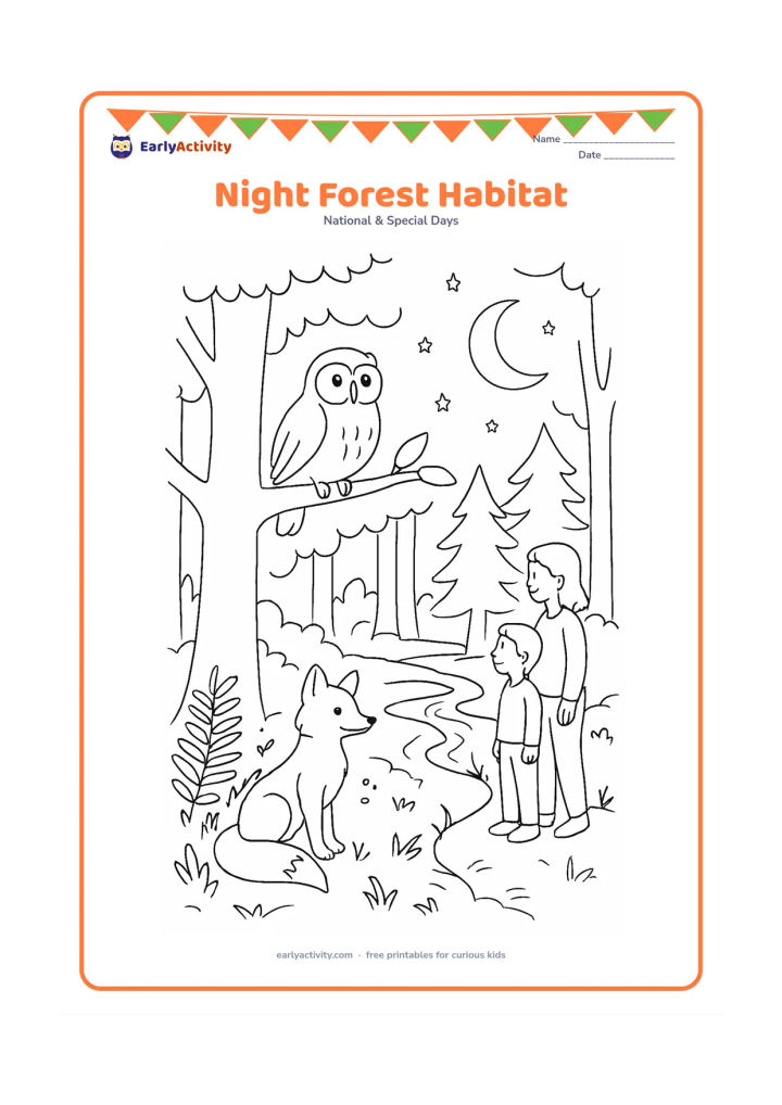 Colouring page: Draw a moonlit forest habitat with an owl on a branch, a fox near ferns, fireflies, tall trees and a small stream reflecting the moon. Include a child and adult quietly observing from a…