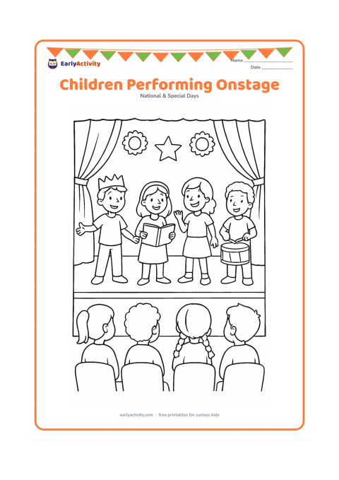 Colouring page: A group of children perform a cheerful play on a simple school stage while classmates watch from the front row. Include curtains, a few paper decorations, a drum, and a plain backdrop…