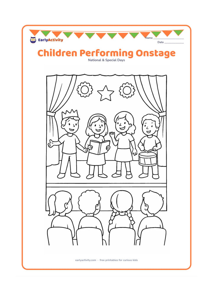 Colouring page: A group of children perform a cheerful play on a simple school stage while classmates watch from the front row. Include curtains, a few paper decorations, a drum, and a plain backdrop…