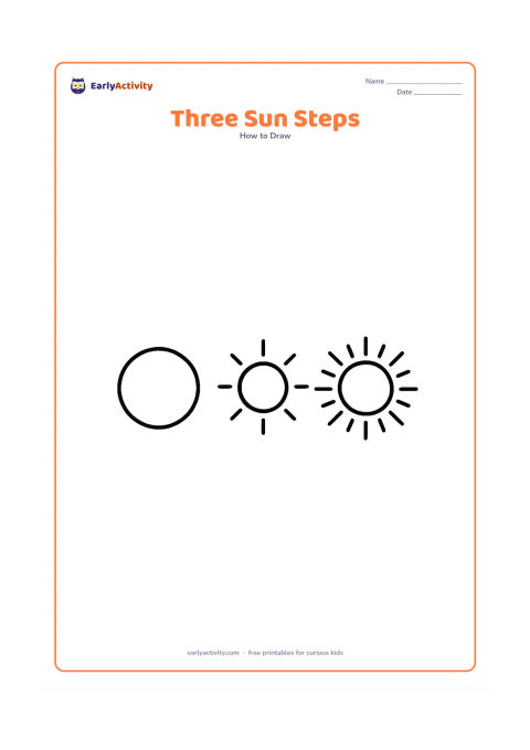 Worksheet: Arrange three large pictures from left to right: a circle, a circle with a few rays, and a circle with many rays. Use only pictures and separate each stage with generous space.