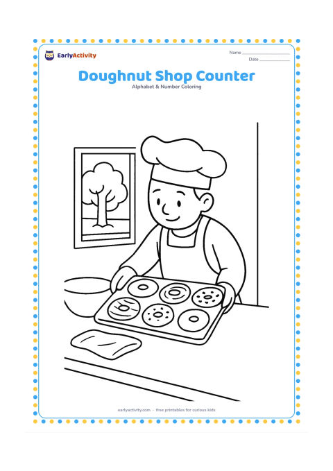 Colouring page: A baker places a tray of doughnuts on a counter, with a window showing a street tree behind them. Include several different doughnut shapes, a mixing bowl and a cloth.
