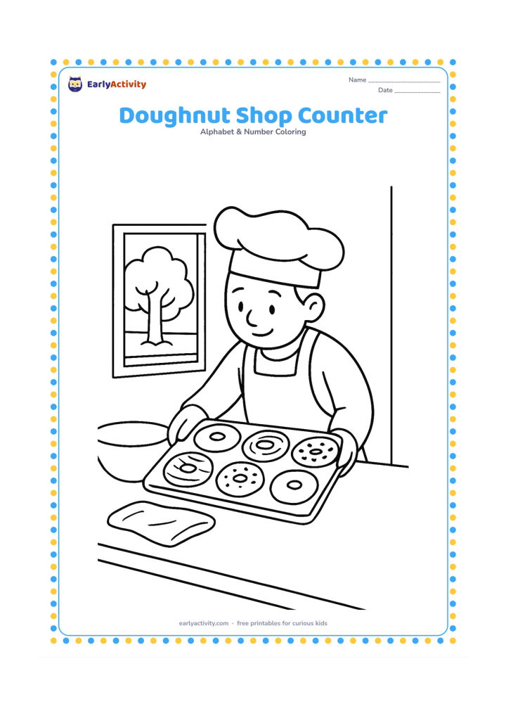 Colouring page: A baker places a tray of doughnuts on a counter, with a window showing a street tree behind them. Include several different doughnut shapes, a mixing bowl and a cloth.