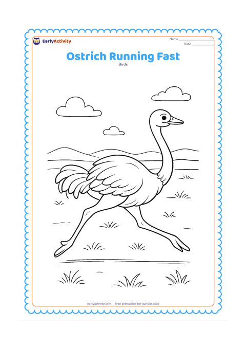 Colouring page: A full ostrich runs in profile across an open African grassland, with both legs extended in a long stride and wings slightly lifted. Add distant low hills, scattered grass and a few clouds.