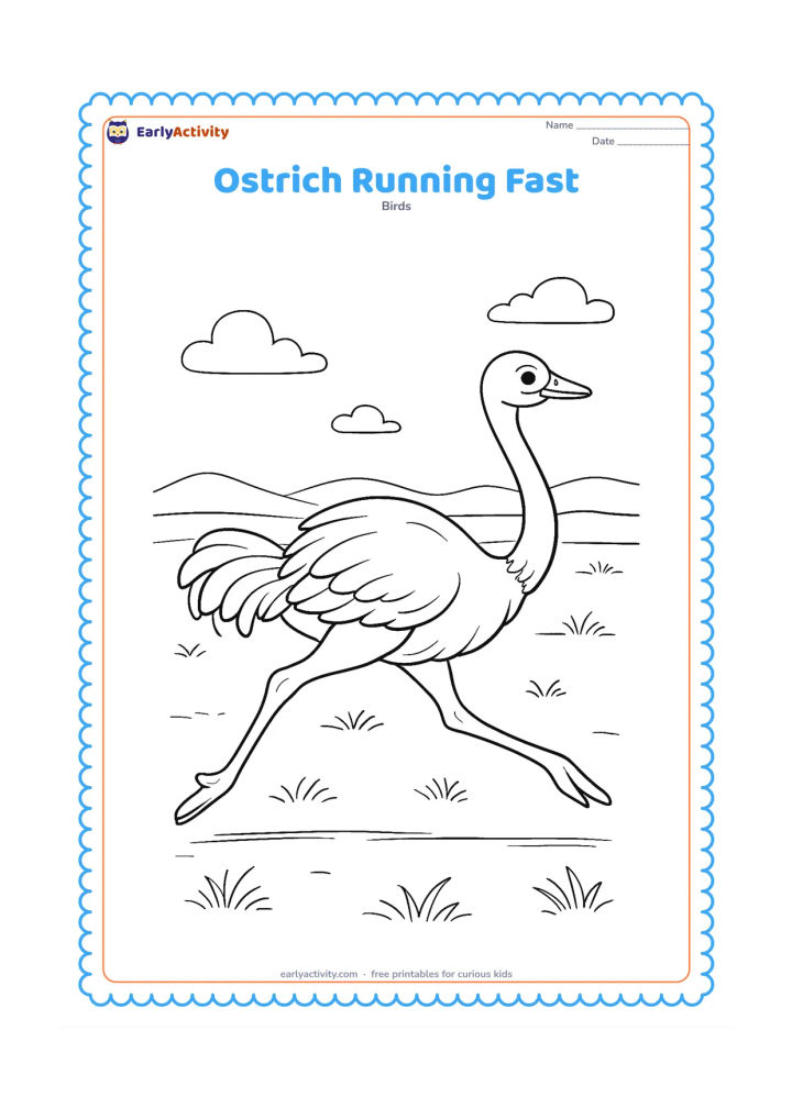 Colouring page: A full ostrich runs in profile across an open African grassland, with both legs extended in a long stride and wings slightly lifted. Add distant low hills, scattered grass and a few clouds.