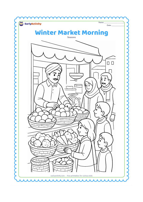 Colouring page: A busy but friendly Indian winter market shows a vendor arranging oranges, guavas, carrots and cauliflower while families in sweaters and shawls shop nearby. Include baskets, a bicycle,…