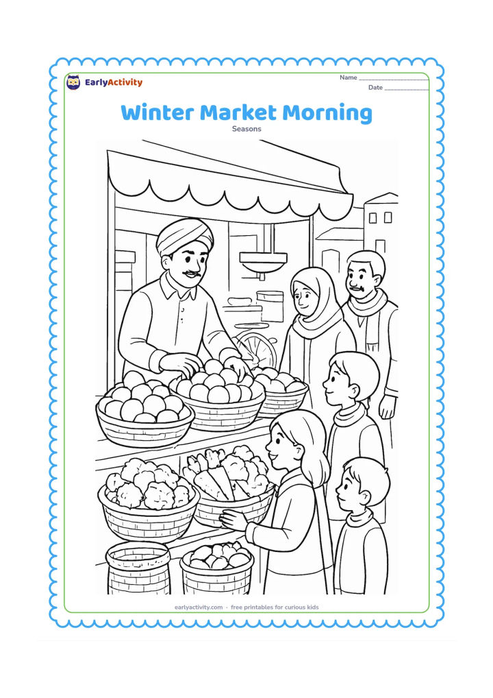 Colouring page: A busy but friendly Indian winter market shows a vendor arranging oranges, guavas, carrots and cauliflower while families in sweaters and shawls shop nearby. Include baskets, a bicycle,…