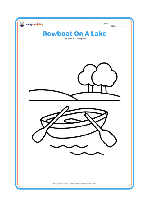 Colouring page: Draw a small rowboat resting on a calm lake with two large oars extending from its sides. Add a simple shoreline and two rounded trees in the distance.