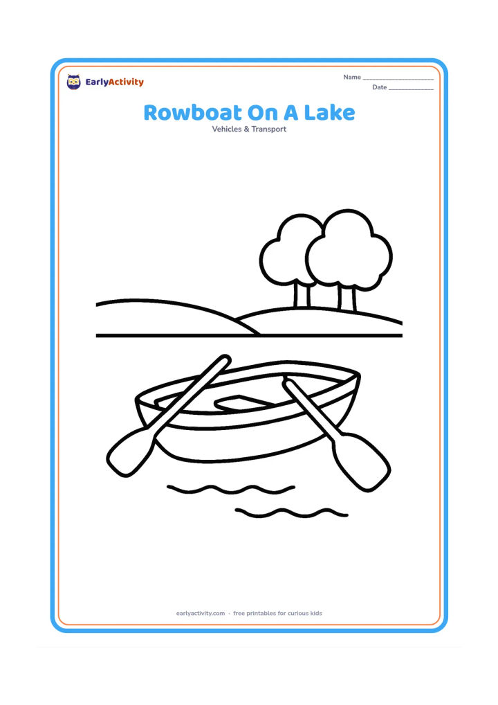 Colouring page: Draw a small rowboat resting on a calm lake with two large oars extending from its sides. Add a simple shoreline and two rounded trees in the distance.