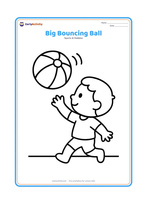 Colouring page: A large beach ball bouncing above a simple floor line, with two small motion curves and a child reaching toward it. Keep the composition open with only a few rounded shapes.