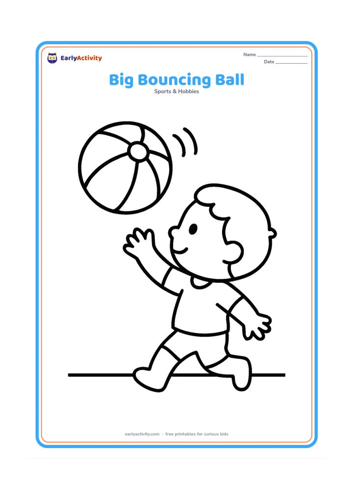 Colouring page: A large beach ball bouncing above a simple floor line, with two small motion curves and a child reaching toward it. Keep the composition open with only a few rounded shapes.