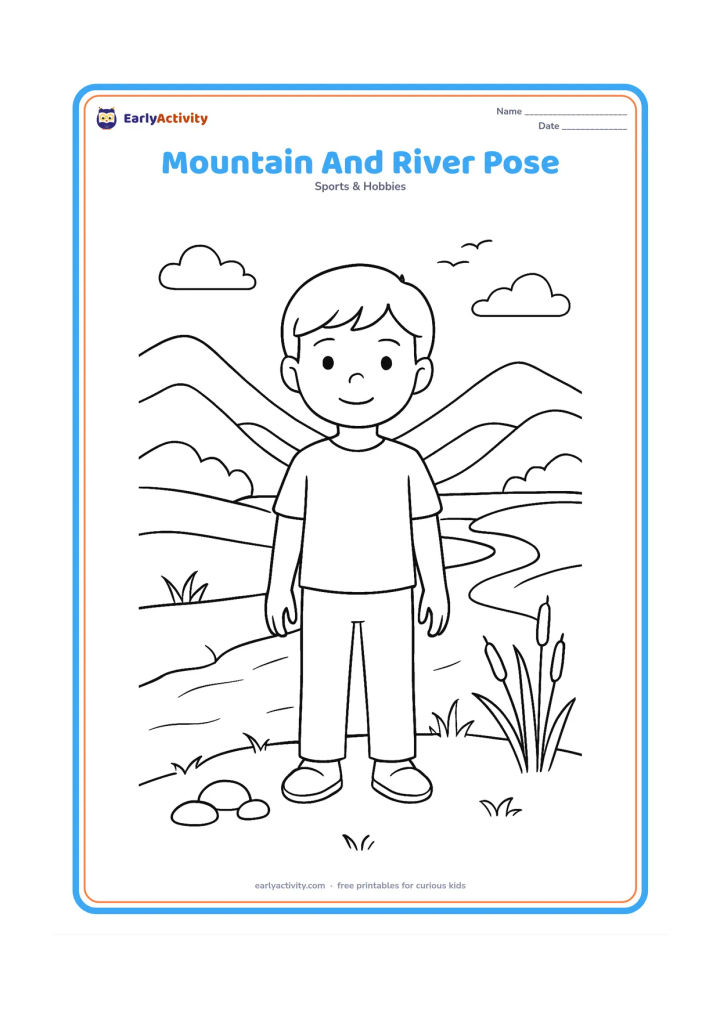 Colouring page: A child stands tall in a mountain pose on a grassy riverbank with hands resting at the sides. Show layered hills, a winding river, reeds, stones and a few birds in the distant sky.