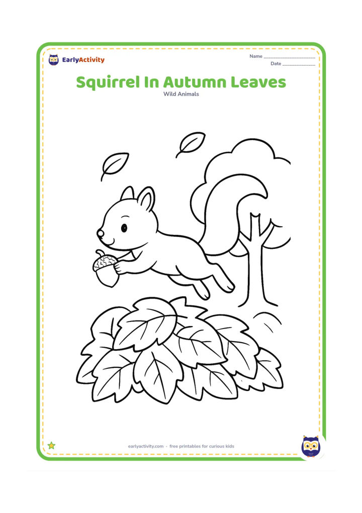 Colouring page: Draw a squirrel leaping over a pile of large fallen leaves while carrying an acorn, with a tree and a few drifting leaves behind it.