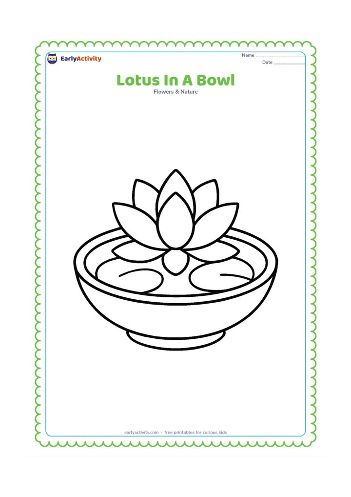 Colouring page: Draw a single lotus flower floating in a wide shallow bowl of water, with two large rounded leaves around it. Place the bowl on a plain surface with no extra objects.