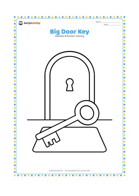 Colouring page: A large old-fashioned key lies diagonally on a plain doormat beside a closed rounded door. Include a simple keyhole shape on the door without any lettering.