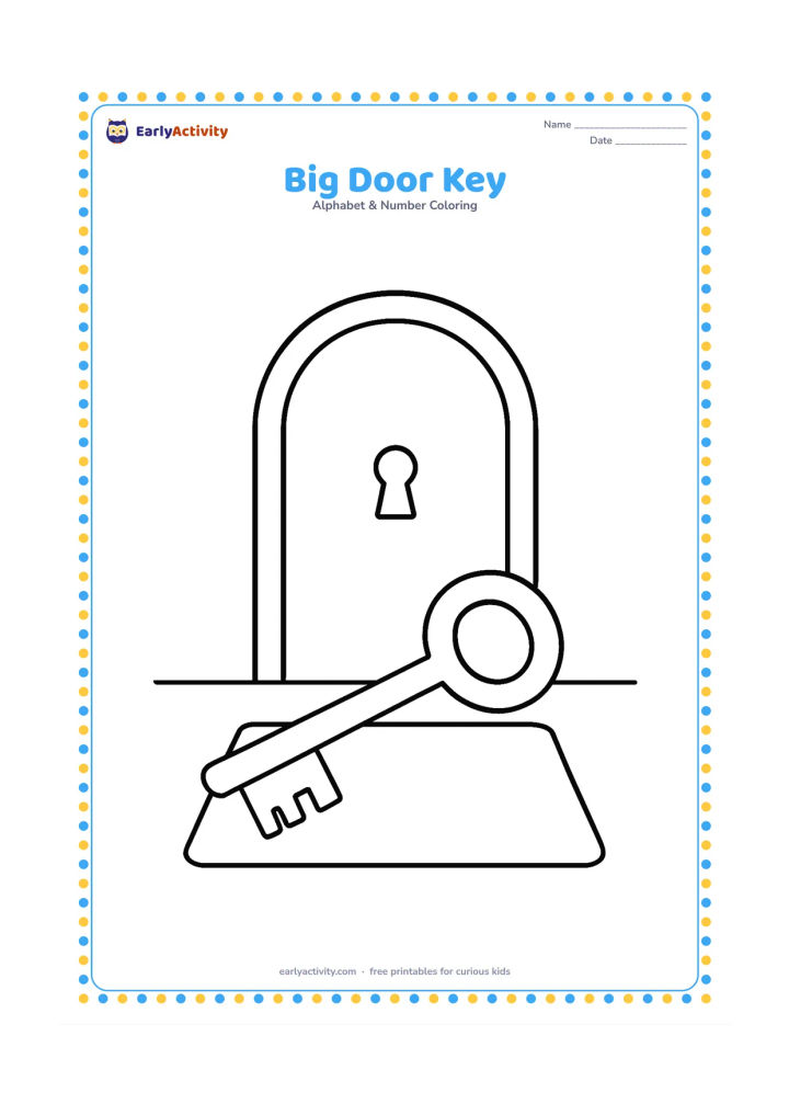 Colouring page: A large old-fashioned key lies diagonally on a plain doormat beside a closed rounded door. Include a simple keyhole shape on the door without any lettering.