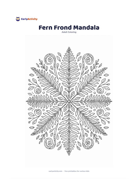 Colouring page: Create a circular botanical pattern built from symmetrical fern fronds, curled fiddleheads, small leaves, and seed pods radiating from the centre. Keep the design entirely plant-based.