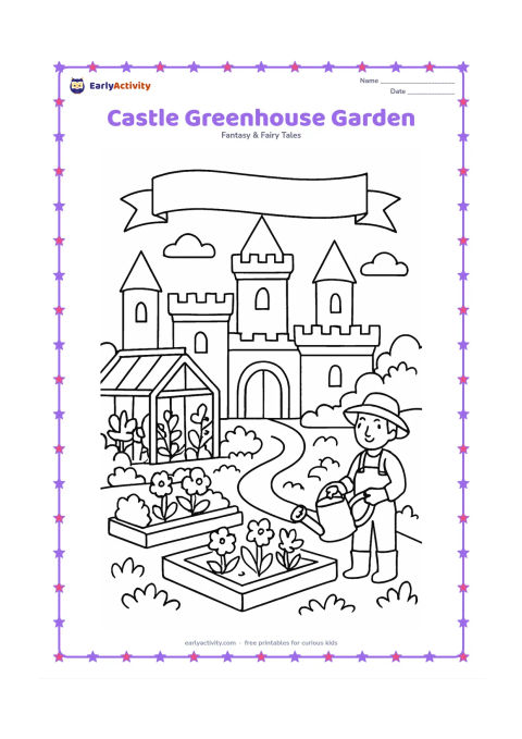 Colouring page: Draw a castle garden with a glass greenhouse, raised flower beds, a watering can, and a gardener near an arched castle gate. Include towers and a blank banner in the background.