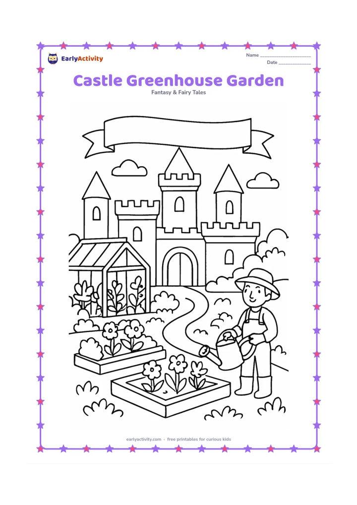 Colouring page: Draw a castle garden with a glass greenhouse, raised flower beds, a watering can, and a gardener near an arched castle gate. Include towers and a blank banner in the background.