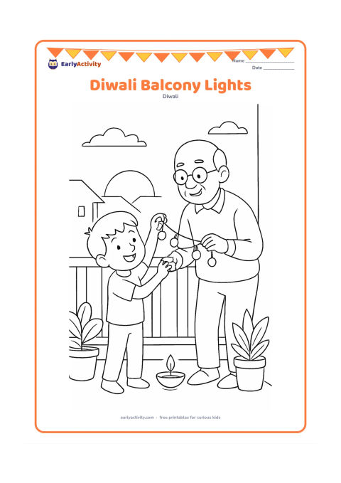 Colouring page: A child and grandparent hang a string of simple lamps along an apartment balcony at sunset. Include potted plants, a railing, distant rooftops, and one diya on the floor.
