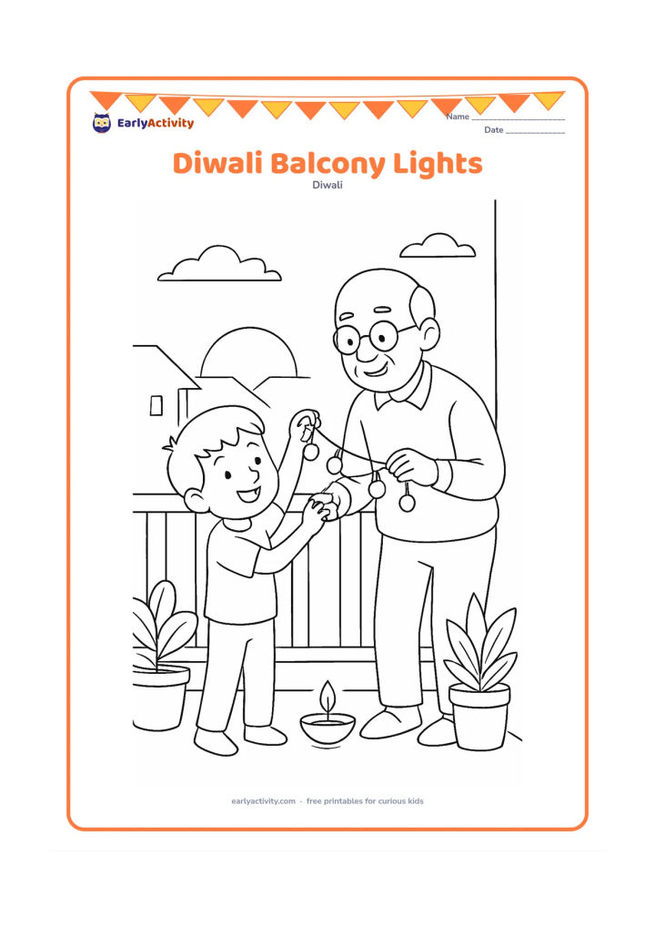 Colouring page: A child and grandparent hang a string of simple lamps along an apartment balcony at sunset. Include potted plants, a railing, distant rooftops, and one diya on the floor.