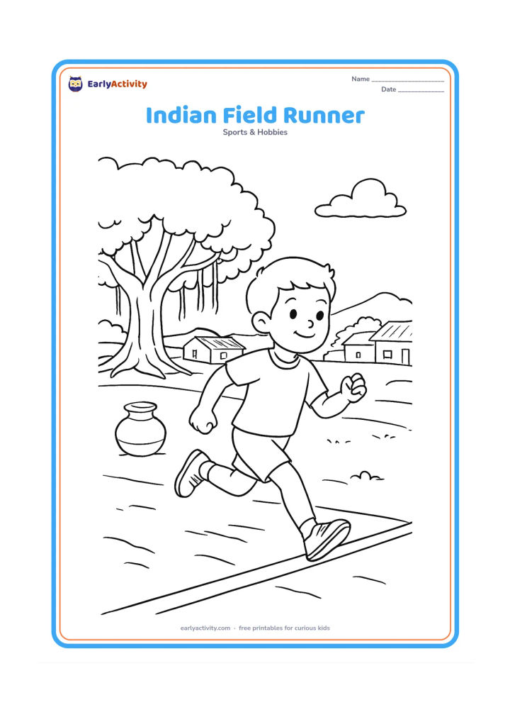 Colouring page: A child athlete runs across an Indian village sports ground, with a banyan tree, a water pot, low homes and distant fields behind. Show a confident stride and a simple starting line on…