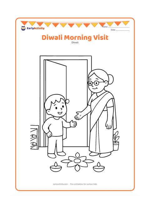 Colouring page: A child welcomes a visiting grandparent at the front door in the morning, with a simple rangoli and two diyas between them. Include a small shoe rack and a potted plant to suggest an…