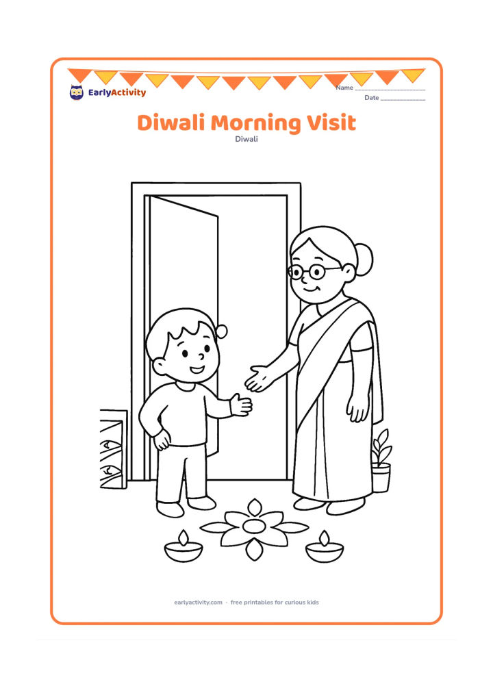 Colouring page: A child welcomes a visiting grandparent at the front door in the morning, with a simple rangoli and two diyas between them. Include a small shoe rack and a potted plant to suggest an…