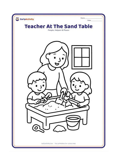 Colouring page: A teacher helps two children scoop sand into wide containers at a classroom sand table. Show a window, two scoops and a small bucket on the floor.