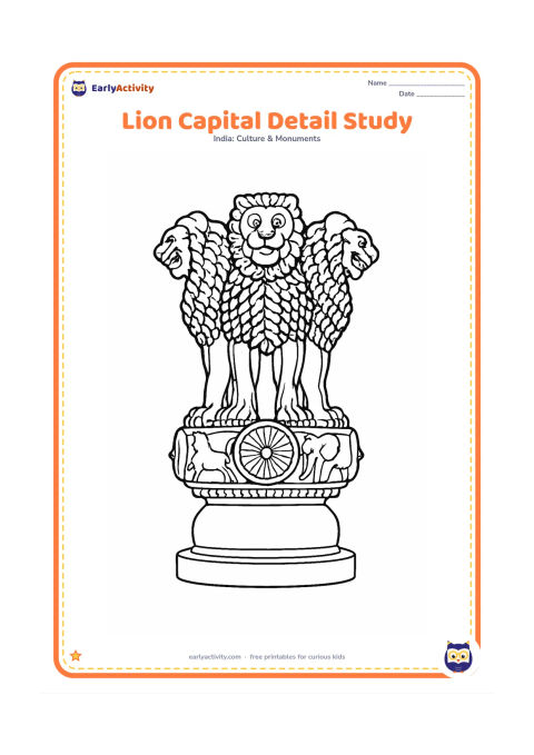 Colouring page: Draw a close, symmetrical study of the four-lion Lion Capital of Ashoka on its abacus, with the Dharma Chakra and the horse, bull and elephant forms shown around the base. Present it on…