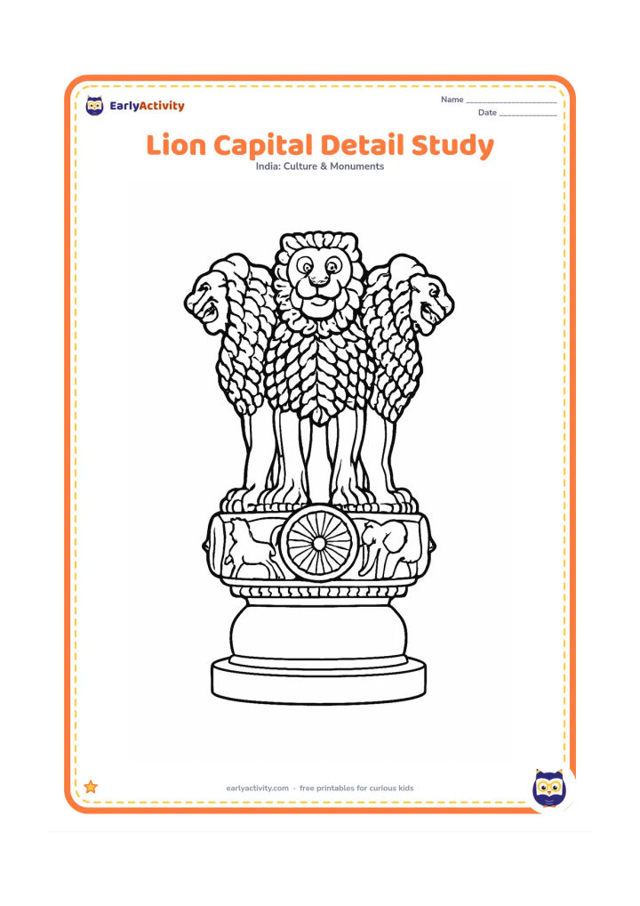 Colouring page: Draw a close, symmetrical study of the four-lion Lion Capital of Ashoka on its abacus, with the Dharma Chakra and the horse, bull and elephant forms shown around the base. Present it on…
