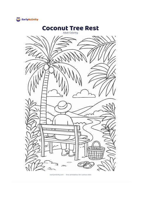 Colouring page: Show a person resting on a bench beneath a tall coconut tree, with a basket and sandals nearby. Add broad palm leaves, a quiet path, distant hills, and a bright open sky.