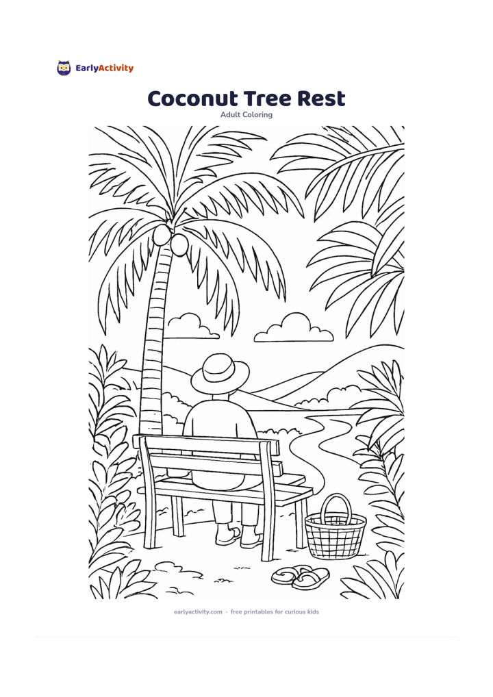 Colouring page: Show a person resting on a bench beneath a tall coconut tree, with a basket and sandals nearby. Add broad palm leaves, a quiet path, distant hills, and a bright open sky.