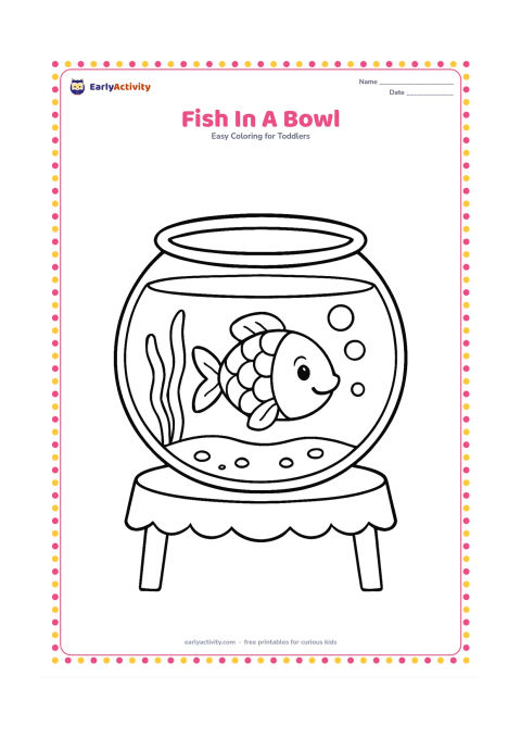 Colouring page: A single cheerful fish swims inside a round glass bowl with two tall water plants and three large bubbles. Place the bowl on a small table with a plain cloth edge.