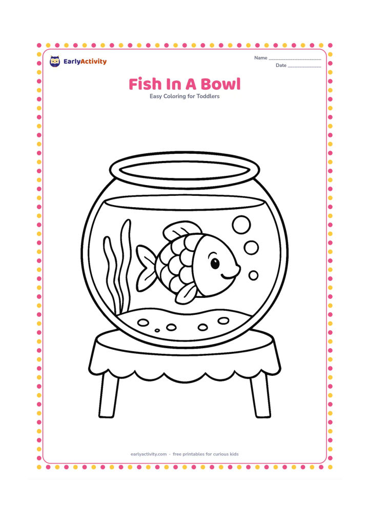Colouring page: A single cheerful fish swims inside a round glass bowl with two tall water plants and three large bubbles. Place the bowl on a small table with a plain cloth edge.