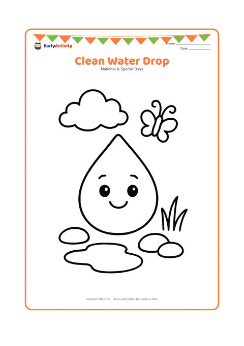 Colouring page: Draw one large friendly water drop beside a small puddle, two smooth stones and three simple blades of grass. Add a tiny butterfly and a cloud above.