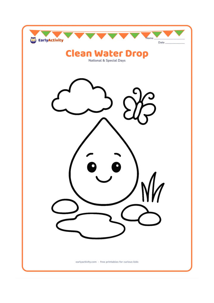 Colouring page: Draw one large friendly water drop beside a small puddle, two smooth stones and three simple blades of grass. Add a tiny butterfly and a cloud above.