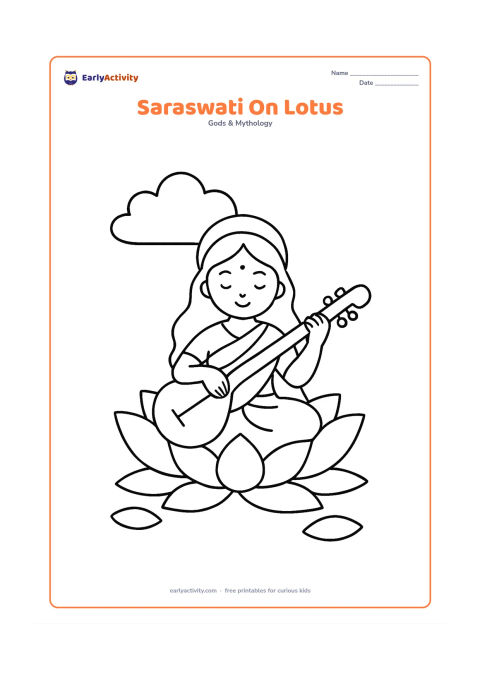 Colouring page: Saraswati sits peacefully on a large open lotus flower, with two simple floating petals and a rounded cloud shape behind her. Show her holding a veena resting safely across her knees.