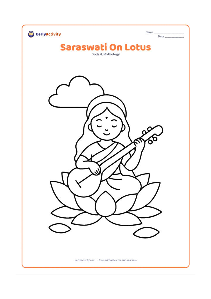 Colouring page: Saraswati sits peacefully on a large open lotus flower, with two simple floating petals and a rounded cloud shape behind her. Show her holding a veena resting safely across her knees.